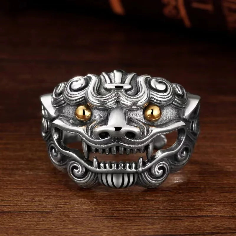 Retro Golden Eye Tang Lion Ring For Men Punk Gothic Open Ring Handmade Designer Jewelry Unisex Accessories Cultural Bless Gift