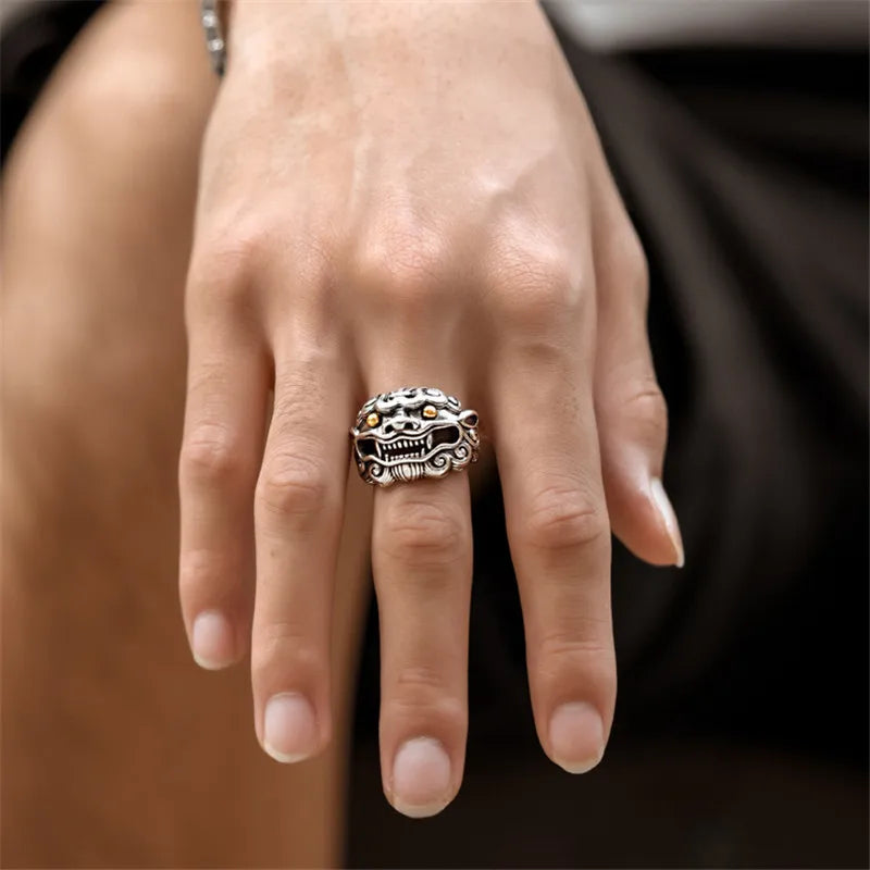 Retro Golden Eye Tang Lion Ring For Men Punk Gothic Open Ring Handmade Designer Jewelry Unisex Accessories Cultural Bless Gift