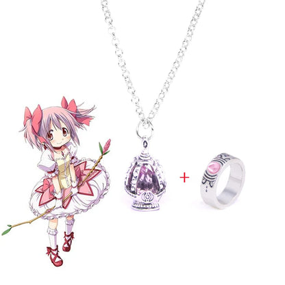 Anime Puella Magi Madoka Magica Cosplay Necklace Kaname Madoka Miki Sayaka Soul Gem Pendant Necklace Ring Set Fashion Jewelry
