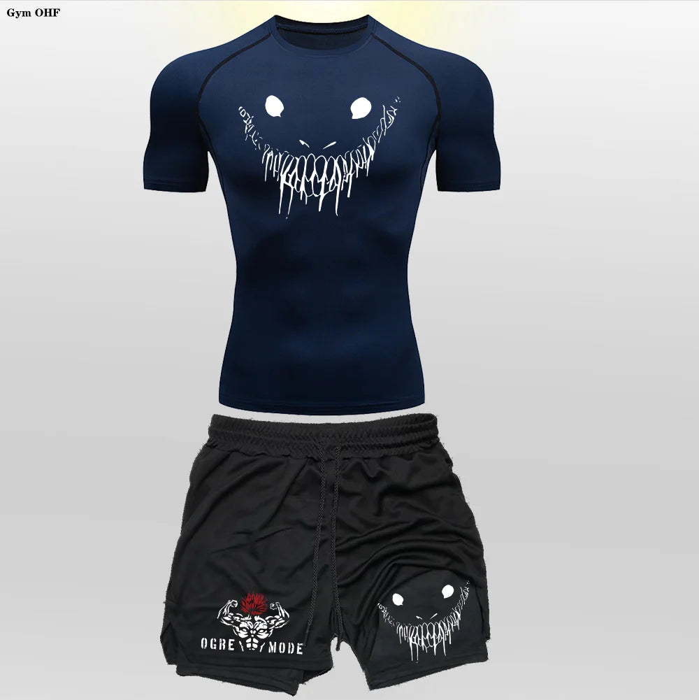 Anime Funny Face 2 in 1 Shorts T Shirt Suits Men's Fitness Breathable Second Skin Compression Shirts Sets Gym Double Deck Shorts