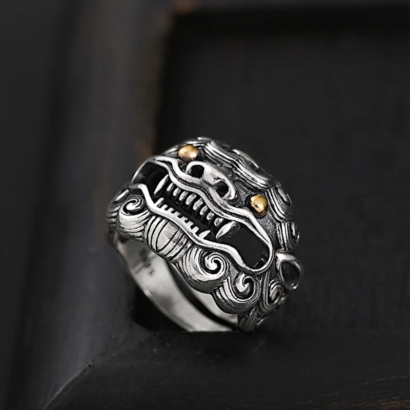 Retro Golden Eye Tang Lion Ring For Men Punk Gothic Open Ring Handmade Designer Jewelry Unisex Accessories Cultural Bless Gift