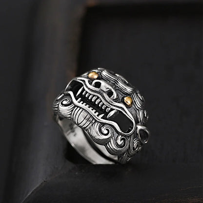 Retro Golden Eye Tang Lion Ring For Men Punk Gothic Open Ring Handmade Designer Jewelry Unisex Accessories Cultural Bless Gift