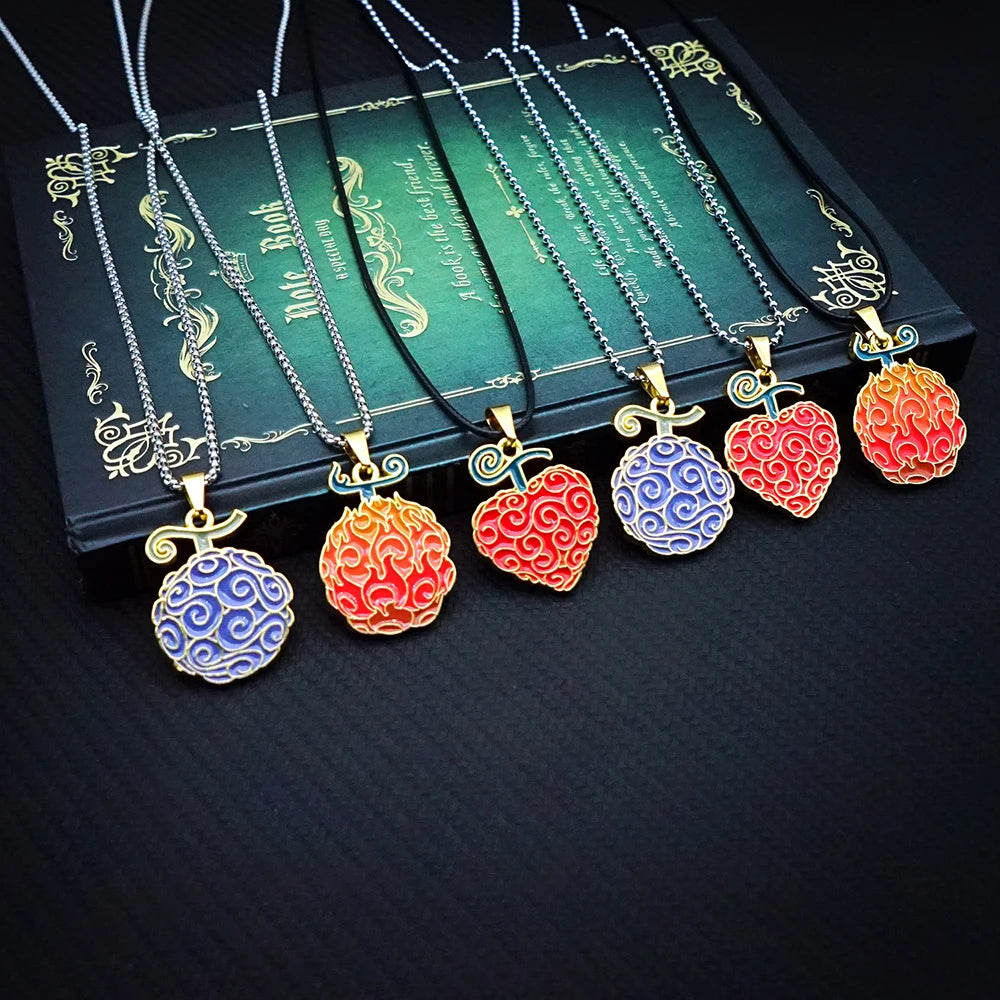 Anime Devil Fruit Necklace for Women Men Metal Necklaces Ace Law Gomu Ope Mera no Mi Jewelry Pendant Chains Choker Collares