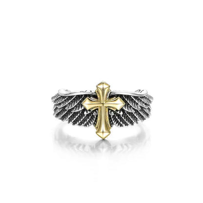 Retro Cross Feather Graffiti Ring For Men Punk Gothic Adjustable Ring Handmade Rock Hiphop Unisex Jewelry Accessories Man Gift