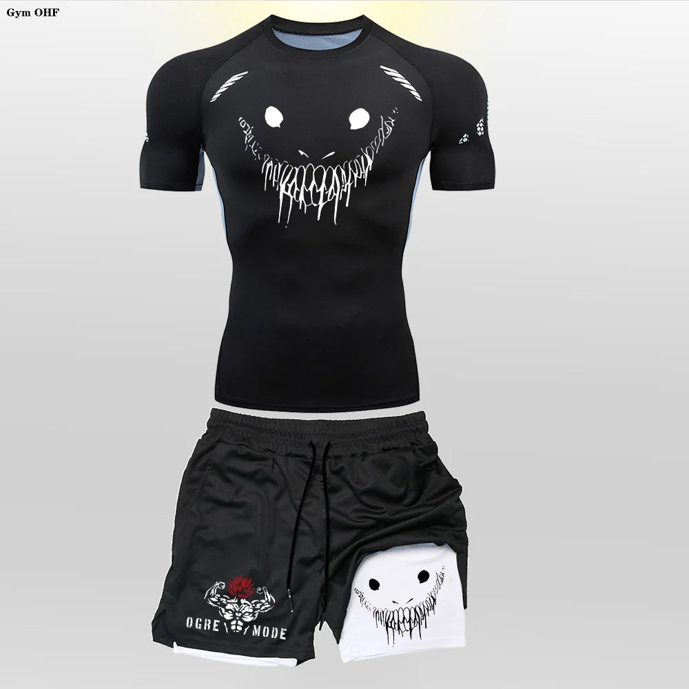 Anime Funny Face 2 in 1 Shorts T Shirt Suits Men's Fitness Breathable Second Skin Compression Shirts Sets Gym Double Deck Shorts