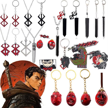 Berserk Anime Keychain Necklace Guts Sword Jewelry Set Key Chain Keyrings Keychains for Men Women Accessories Key Ring Pendant