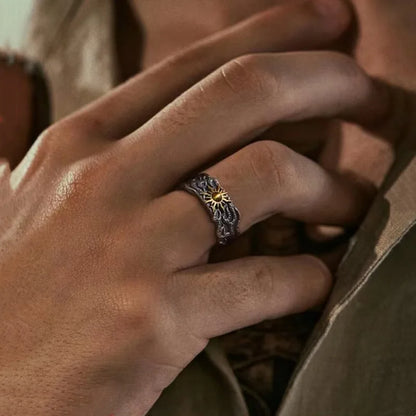 Retro Golden Sun Ring For Men SIlver Color Punk Gothic Trendy Open Ring Handmade Designer Jewelry Unisex Accessories Lovers Gift