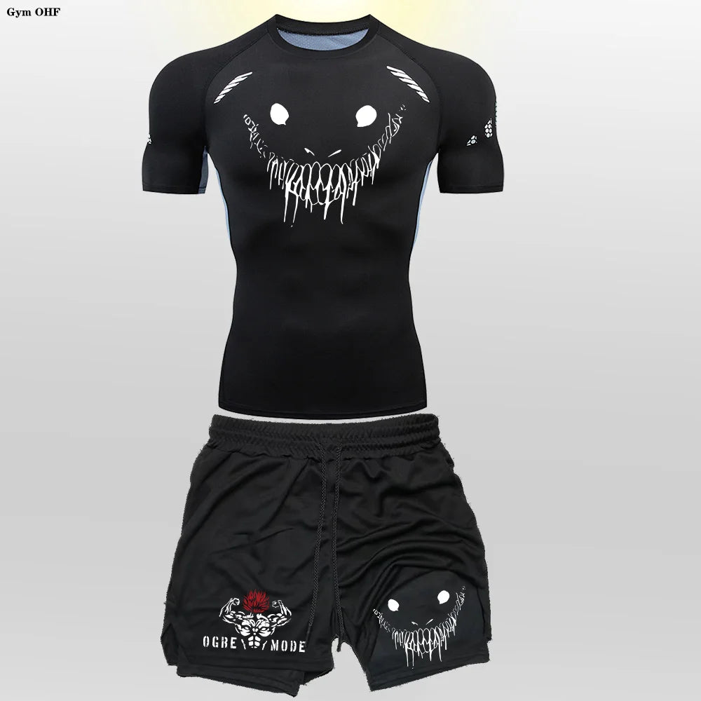 Anime Funny Face 2 in 1 Shorts T Shirt Suits Men's Fitness Breathable Second Skin Compression Shirts Sets Gym Double Deck Shorts
