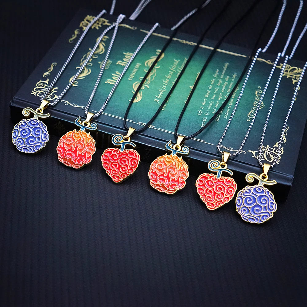 Anime Devil Fruit Necklace for Women Men Metal Necklaces Ace Law Gomu Ope Mera no Mi Jewelry Pendant Chains Choker Collares