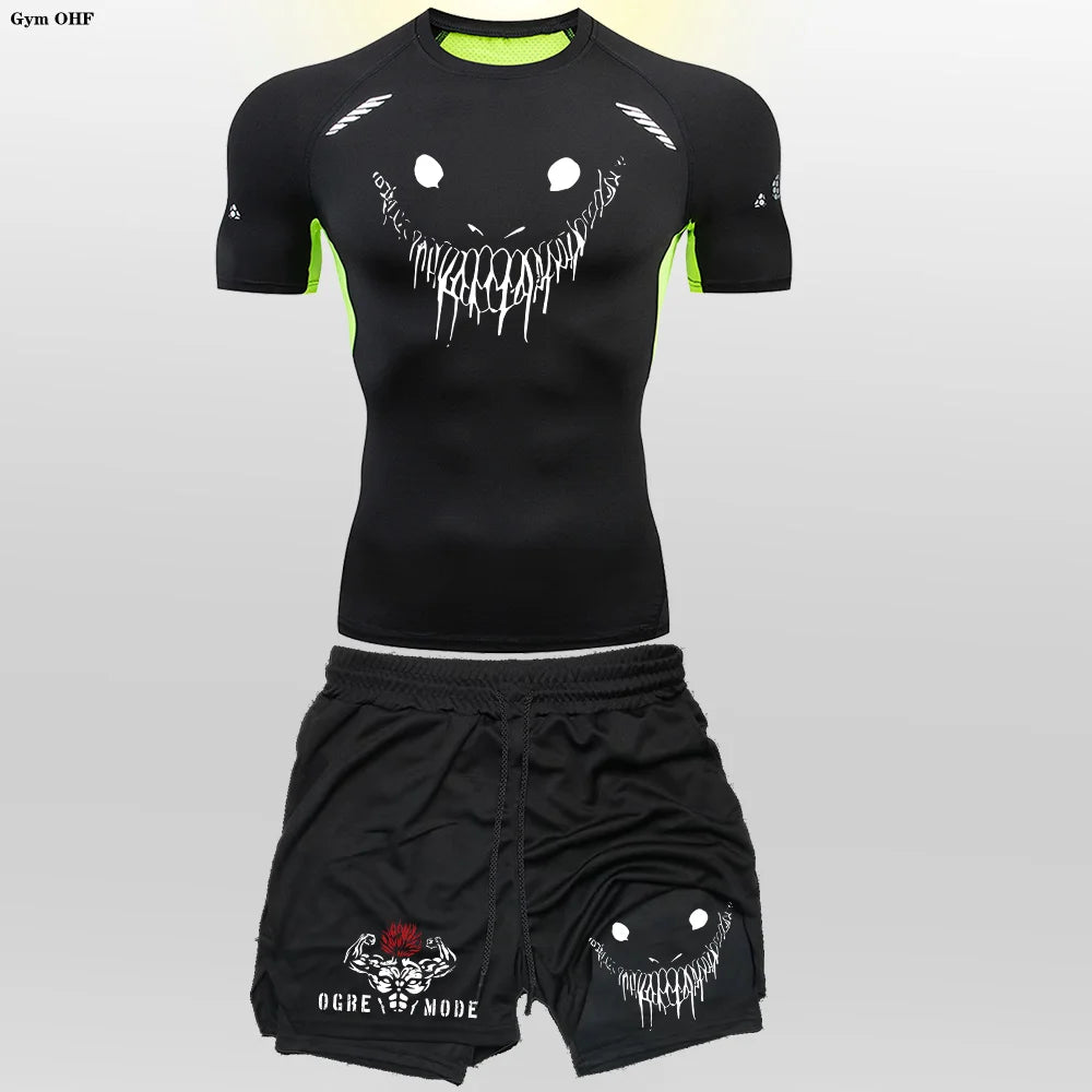 Anime Funny Face 2 in 1 Shorts T Shirt Suits Men's Fitness Breathable Second Skin Compression Shirts Sets Gym Double Deck Shorts