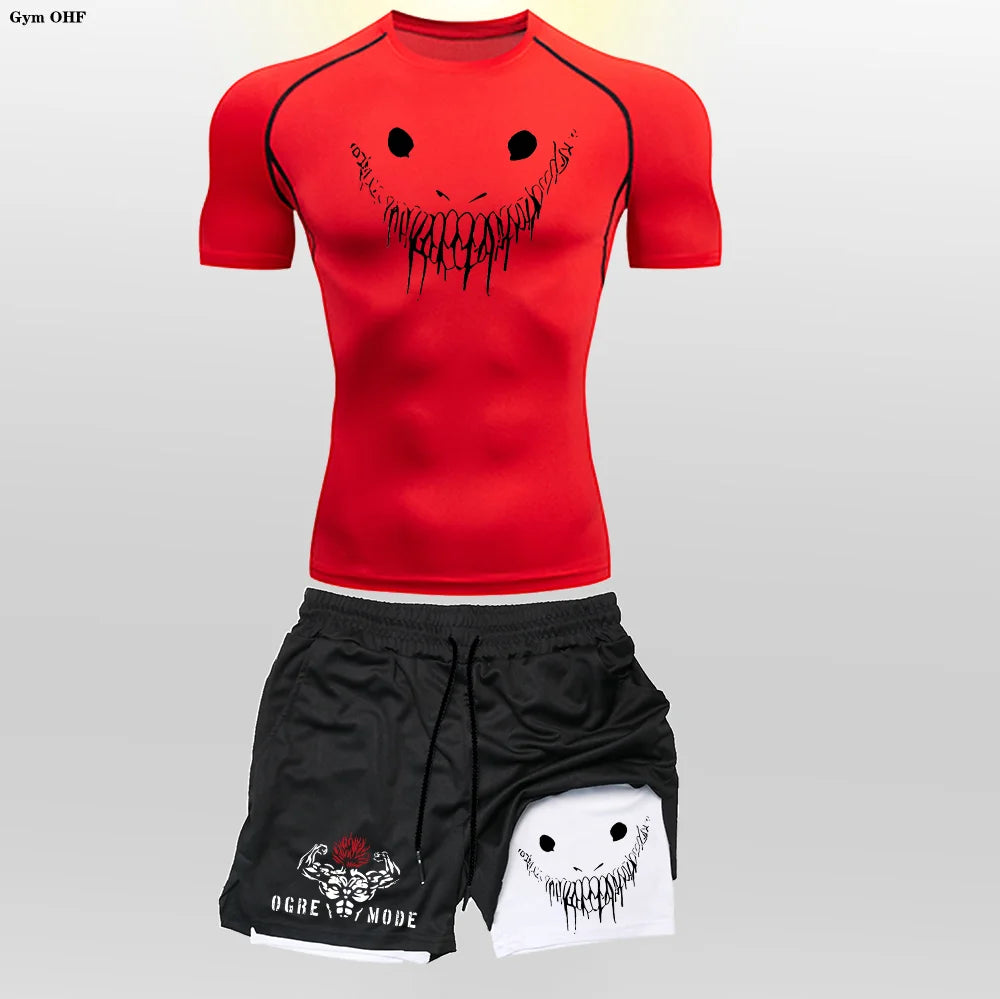 Anime Funny Face 2 in 1 Shorts T Shirt Suits Men's Fitness Breathable Second Skin Compression Shirts Sets Gym Double Deck Shorts