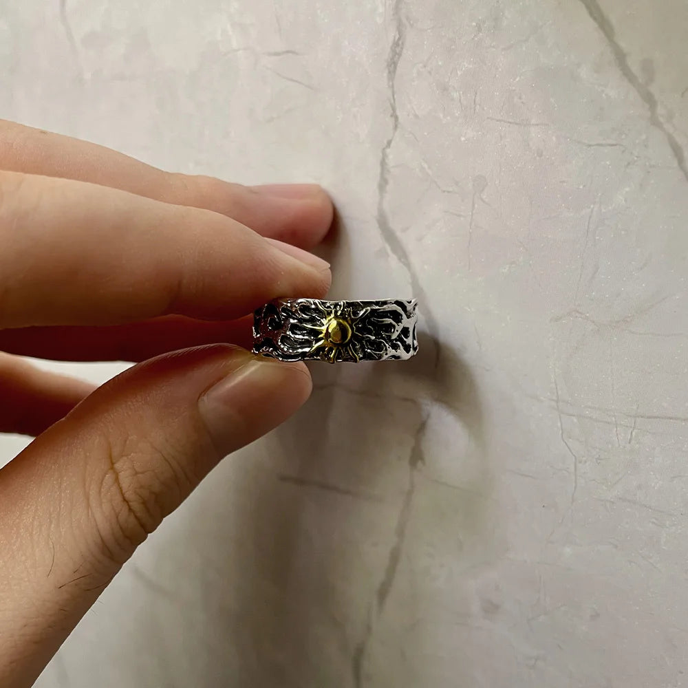 Retro Golden Sun Ring For Men SIlver Color Punk Gothic Trendy Open Ring Handmade Designer Jewelry Unisex Accessories Lovers Gift