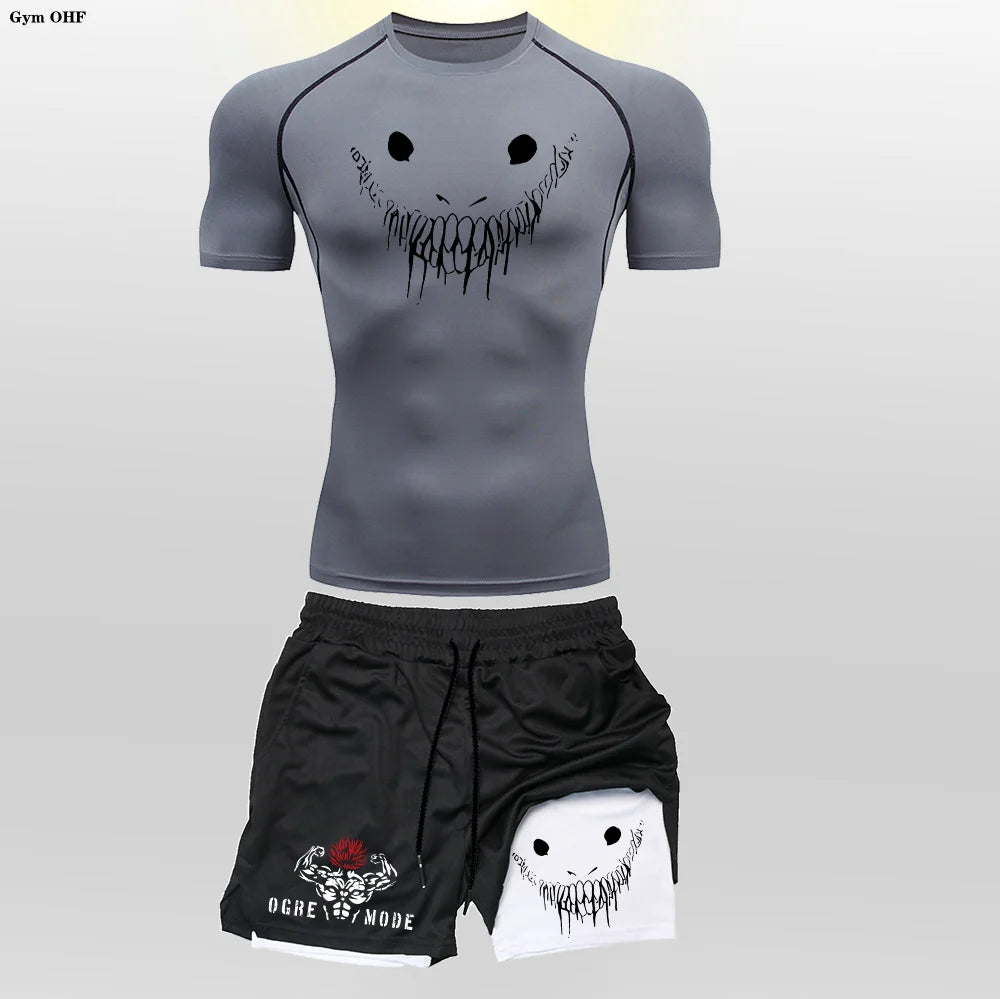 Anime Funny Face 2 in 1 Shorts T Shirt Suits Men's Fitness Breathable Second Skin Compression Shirts Sets Gym Double Deck Shorts
