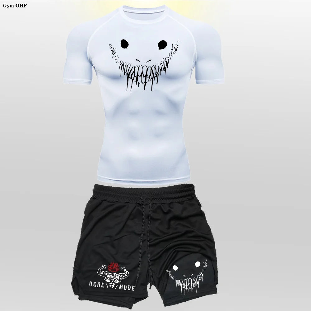 Anime Funny Face 2 in 1 Shorts T Shirt Suits Men's Fitness Breathable Second Skin Compression Shirts Sets Gym Double Deck Shorts