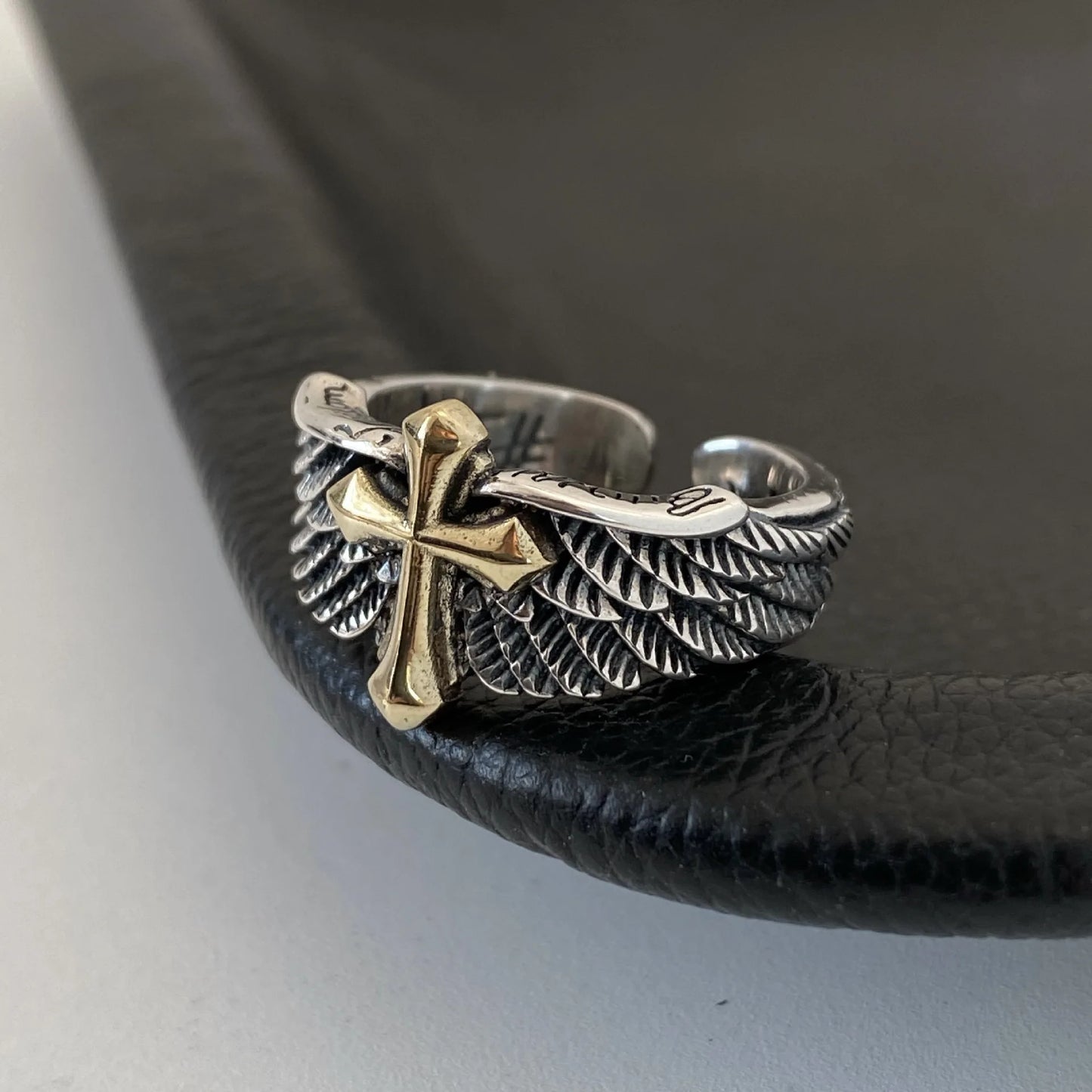 Retro Cross Feather Graffiti Ring For Men Punk Gothic Adjustable Ring Handmade Rock Hiphop Unisex Jewelry Accessories Man Gift