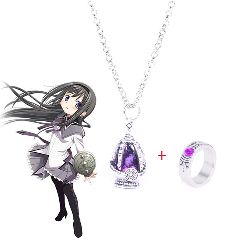 Anime Puella Magi Madoka Magica Cosplay Necklace Kaname Madoka Miki Sayaka Soul Gem Pendant Necklace Ring Set Fashion Jewelry
