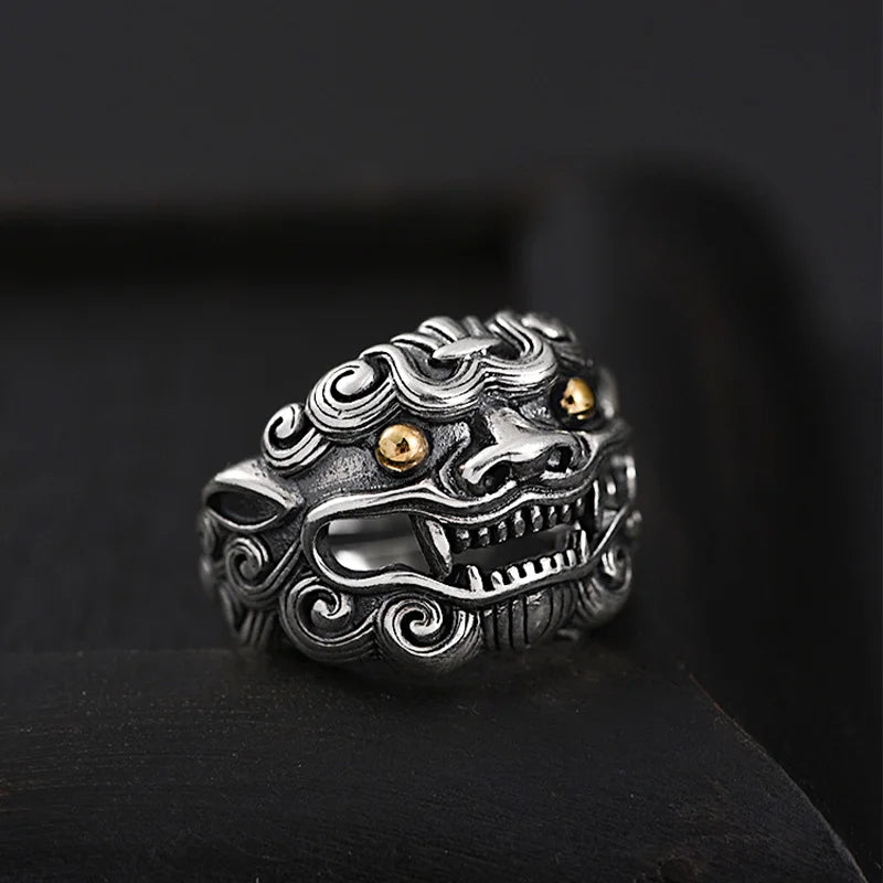 Retro Golden Eye Tang Lion Ring For Men Punk Gothic Open Ring Handmade Designer Jewelry Unisex Accessories Cultural Bless Gift