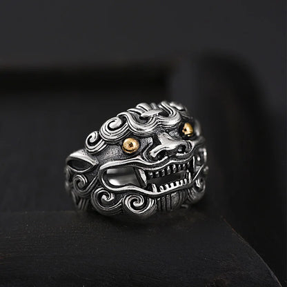 Retro Golden Eye Tang Lion Ring For Men Punk Gothic Open Ring Handmade Designer Jewelry Unisex Accessories Cultural Bless Gift