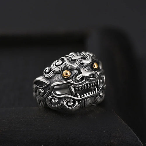 Retro Golden Eye Tang Lion Ring For Men Punk Gothic Open Ring Handmade Designer Jewelry Unisex Accessories Cultural Bless Gift