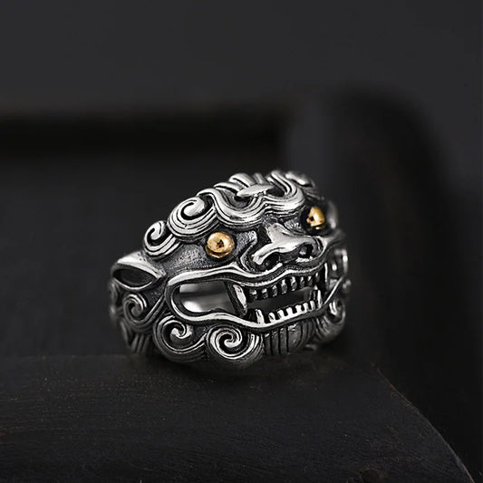 Retro Golden Eye Tang Lion Ring For Men Punk Gothic Open Ring Handmade Designer Jewelry Unisex Accessories Cultural Bless Gift