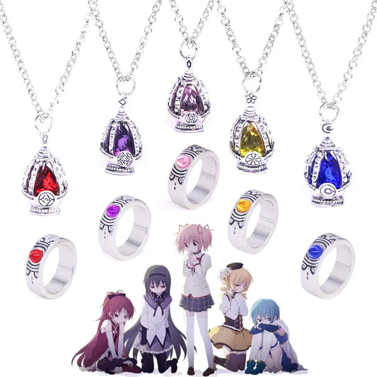 Anime Puella Magi Madoka Magica Cosplay Necklace Kaname Madoka Miki Sayaka Soul Gem Pendant Necklace Ring Set Fashion Jewelry