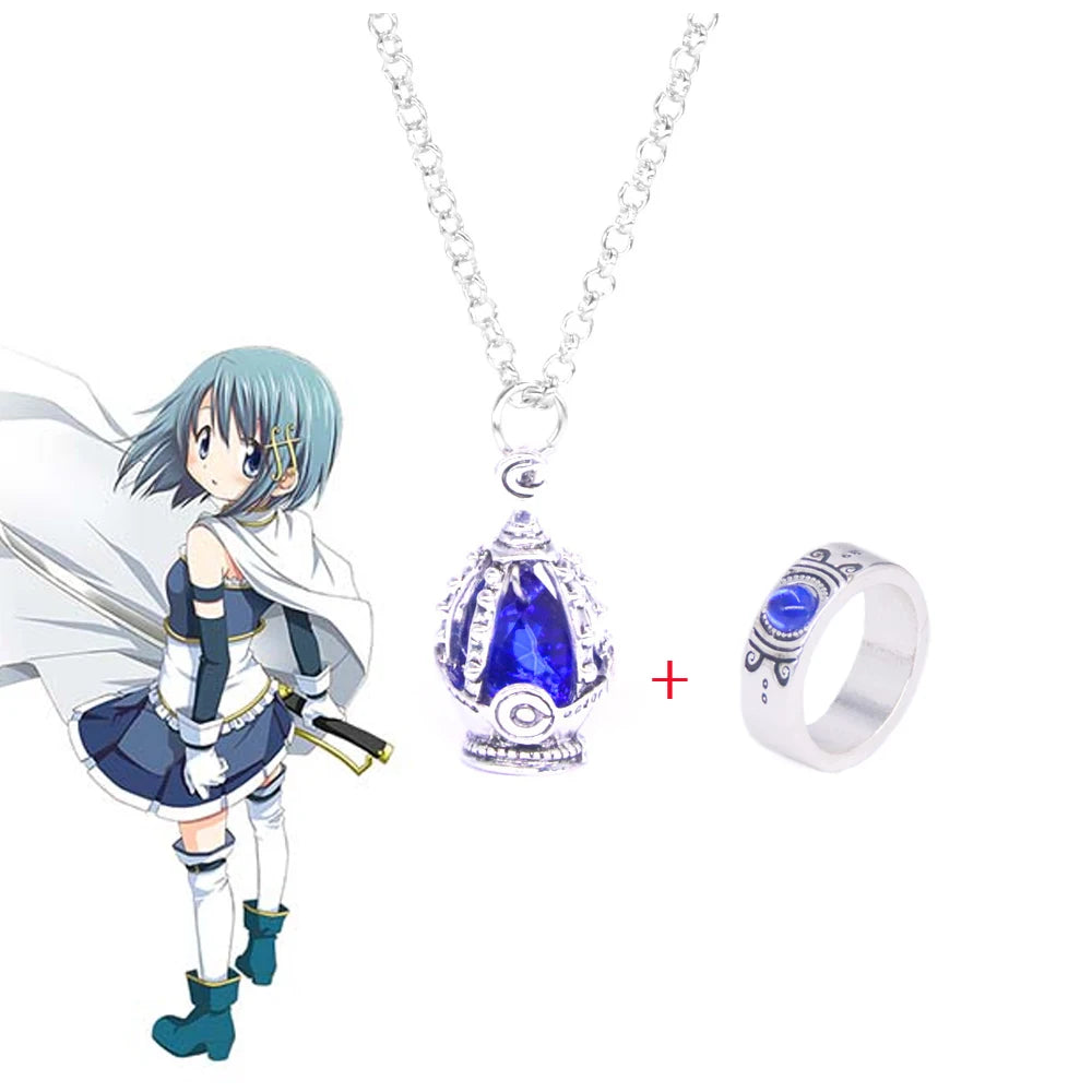 Anime Puella Magi Madoka Magica Cosplay Necklace Kaname Madoka Miki Sayaka Soul Gem Pendant Necklace Ring Set Fashion Jewelry