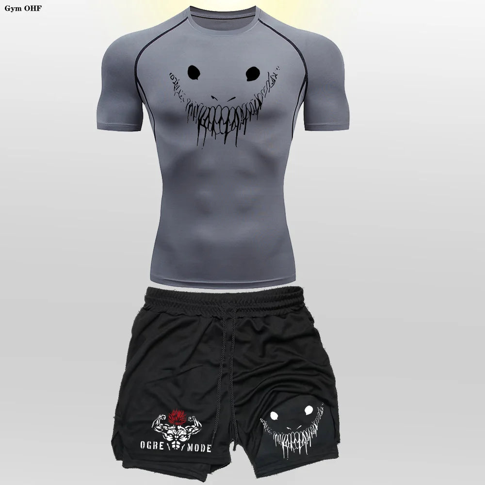 Anime Funny Face 2 in 1 Shorts T Shirt Suits Men's Fitness Breathable Second Skin Compression Shirts Sets Gym Double Deck Shorts