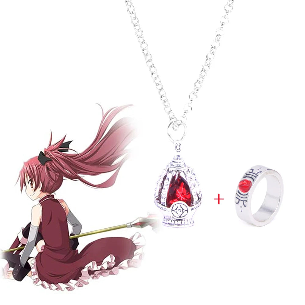 Anime Puella Magi Madoka Magica Cosplay Necklace Kaname Madoka Miki Sayaka Soul Gem Pendant Necklace Ring Set Fashion Jewelry