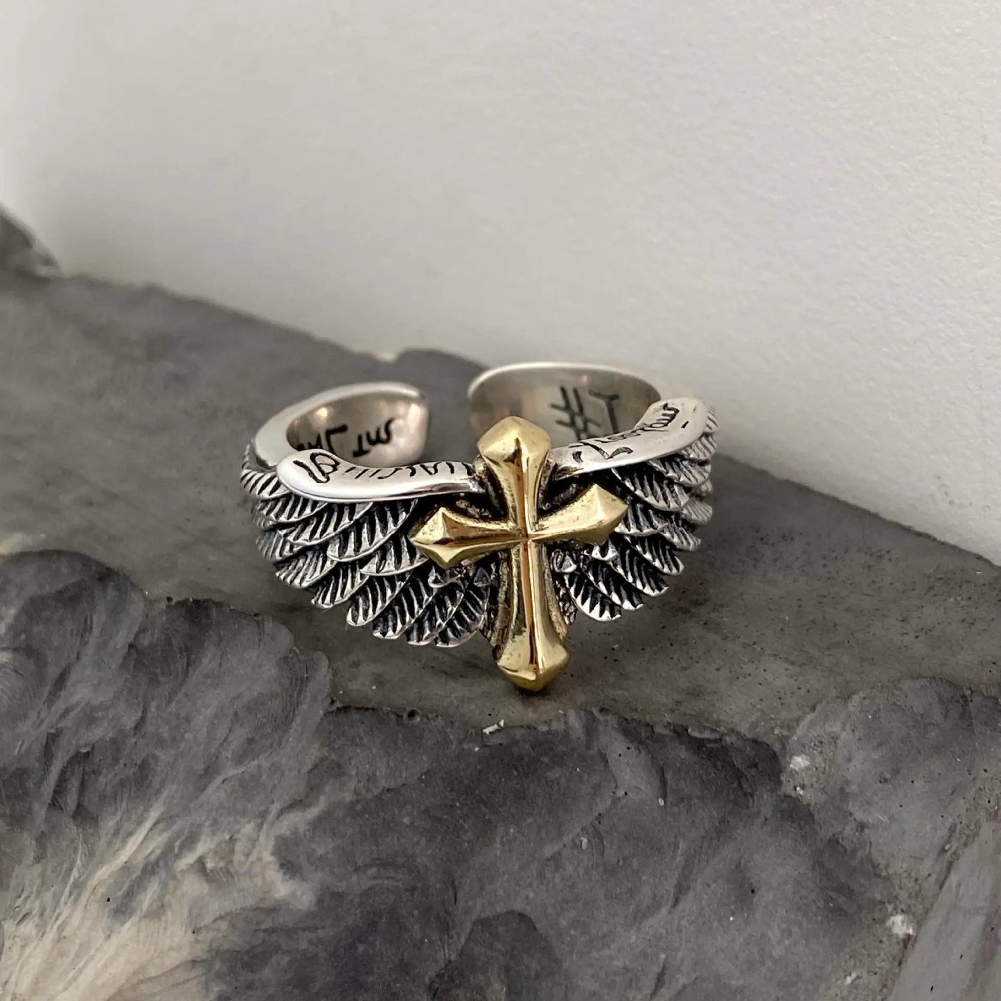 Retro Cross Feather Graffiti Ring For Men Punk Gothic Adjustable Ring Handmade Rock Hiphop Unisex Jewelry Accessories Man Gift