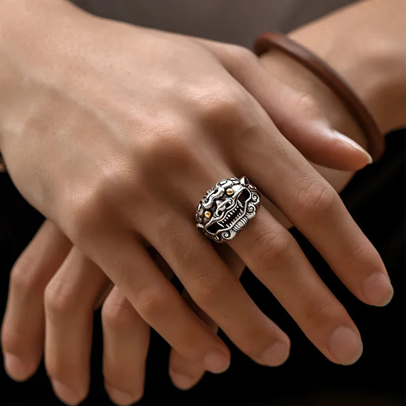 Retro Golden Eye Tang Lion Ring For Men Punk Gothic Open Ring Handmade Designer Jewelry Unisex Accessories Cultural Bless Gift