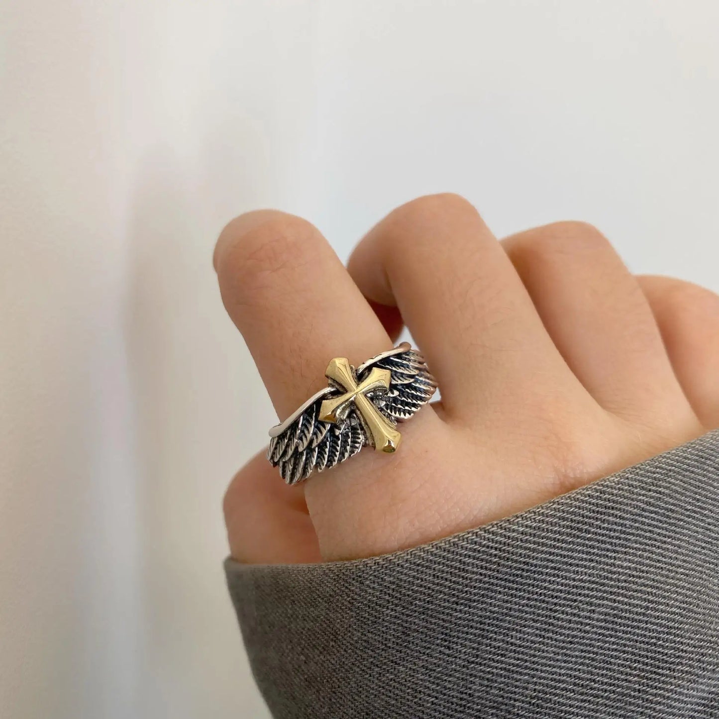 Retro Cross Feather Graffiti Ring For Men Punk Gothic Adjustable Ring Handmade Rock Hiphop Unisex Jewelry Accessories Man Gift