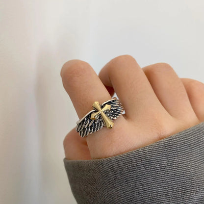 Retro Cross Feather Graffiti Ring For Men Punk Gothic Adjustable Ring Handmade Rock Hiphop Unisex Jewelry Accessories Man Gift
