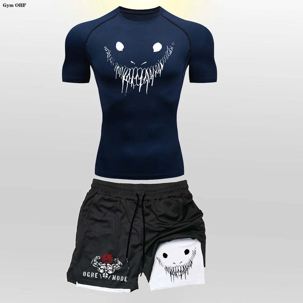 Anime Funny Face 2 in 1 Shorts T Shirt Suits Men's Fitness Breathable Second Skin Compression Shirts Sets Gym Double Deck Shorts