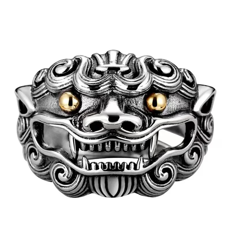Retro Golden Eye Tang Lion Ring For Men Punk Gothic Open Ring Handmade Designer Jewelry Unisex Accessories Cultural Bless Gift