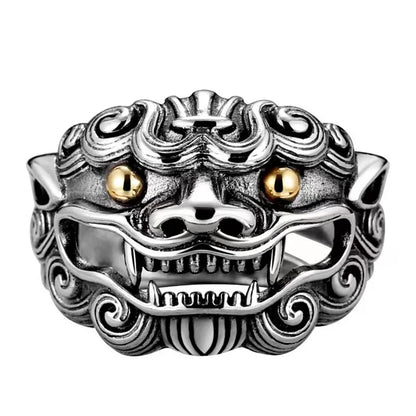 Retro Golden Eye Tang Lion Ring For Men Punk Gothic Open Ring Handmade Designer Jewelry Unisex Accessories Cultural Bless Gift